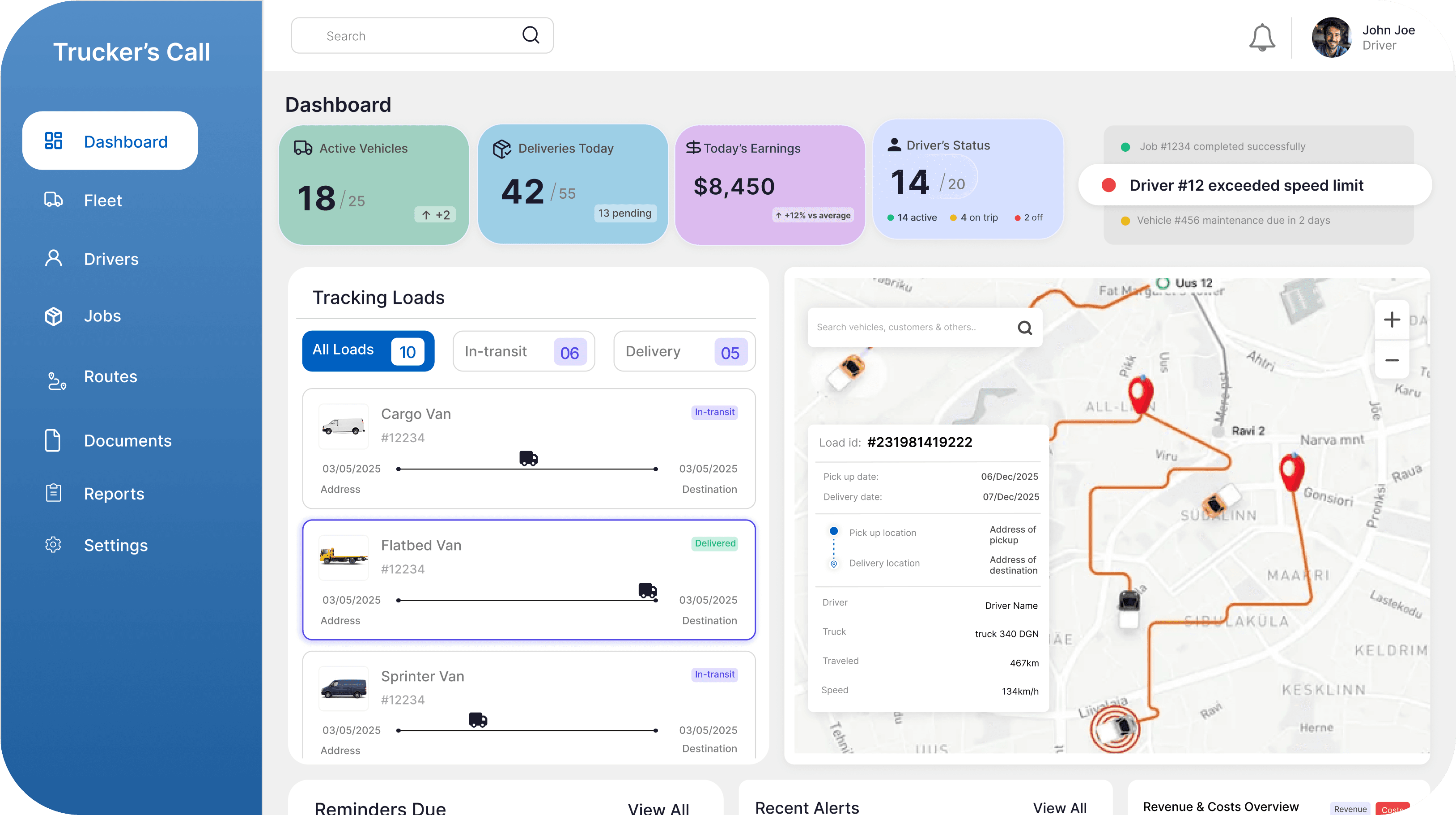 Trucker'sCall dashboard showing fleet tracking, deliveries, and earnings overview
